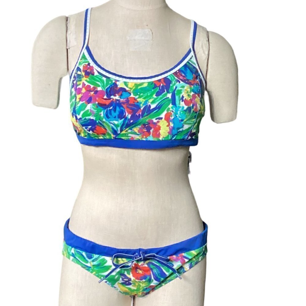 Lands' End Floral 2-Piece Bikini Royal Blue Trim Accents Girls 14 #170F